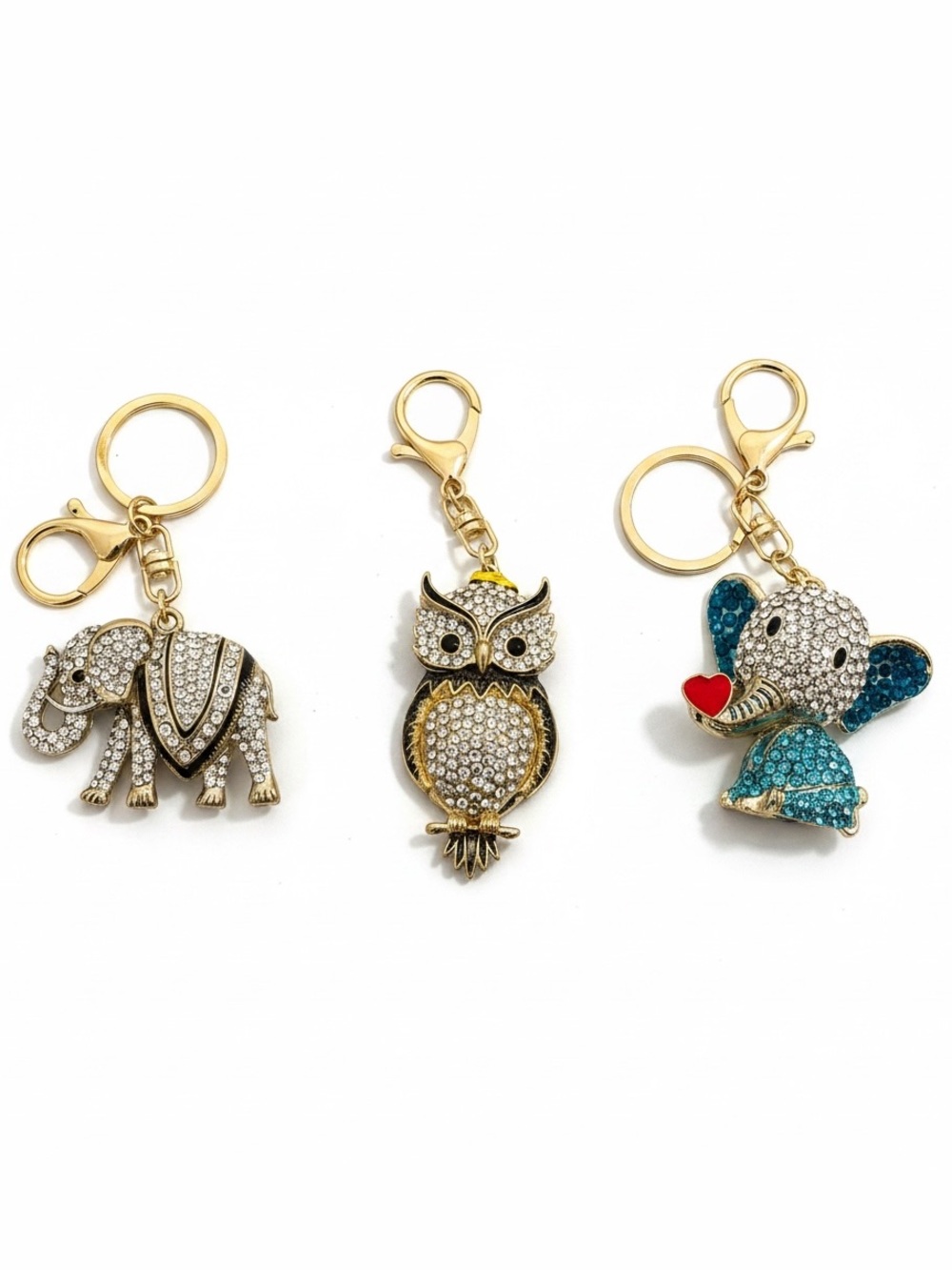 Crystal Animal Keychain Trio - Elephant, Owl, Love Elephant- Gold Tone